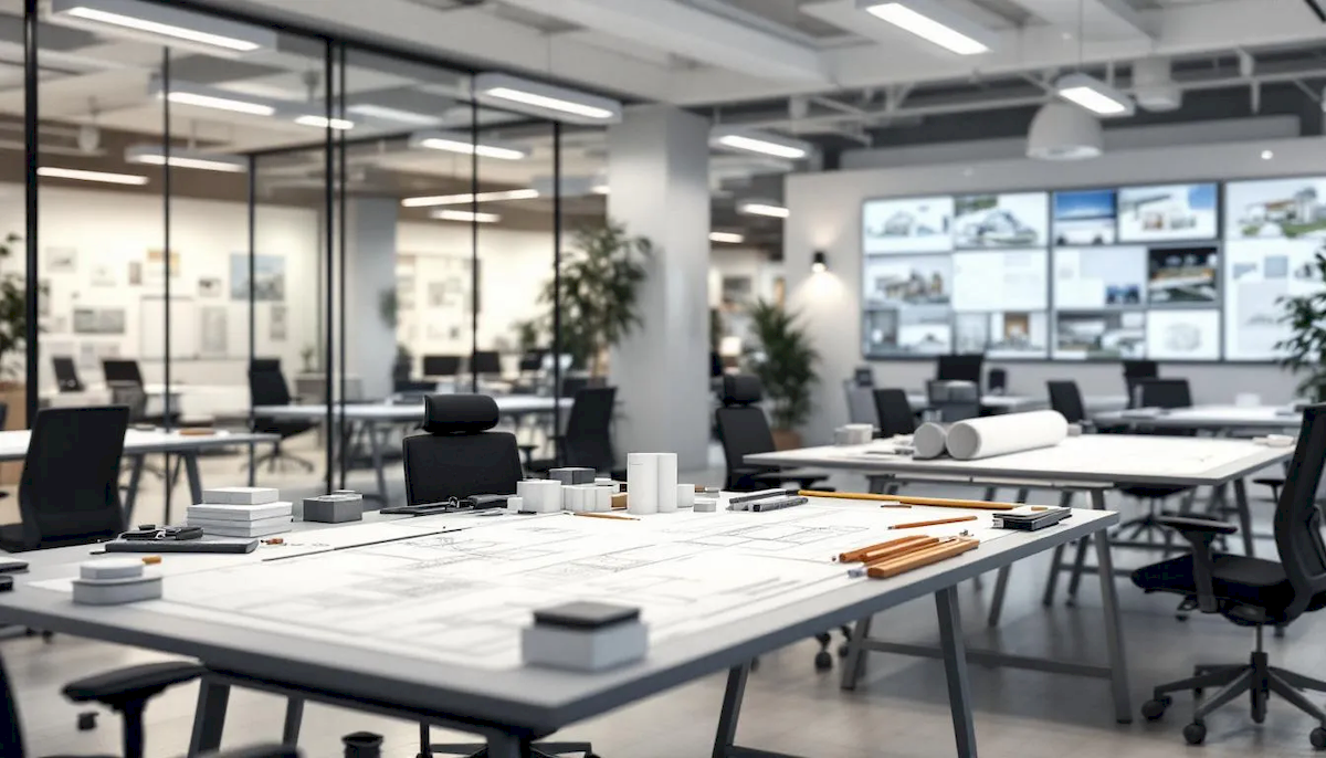 Na dużym stole roboczym w biurze architektonicznym rozłożone są plany, w tym mapa zasadnicza oraz opracowania geodezyjne, które zawierają informacje o konturach użytków gruntowych i punktach osnowy geodezyjnej. W tle widać także narzędzia do projektowania oraz dokumenty związane z ewidencją gruntów i warunkami zabudowy.