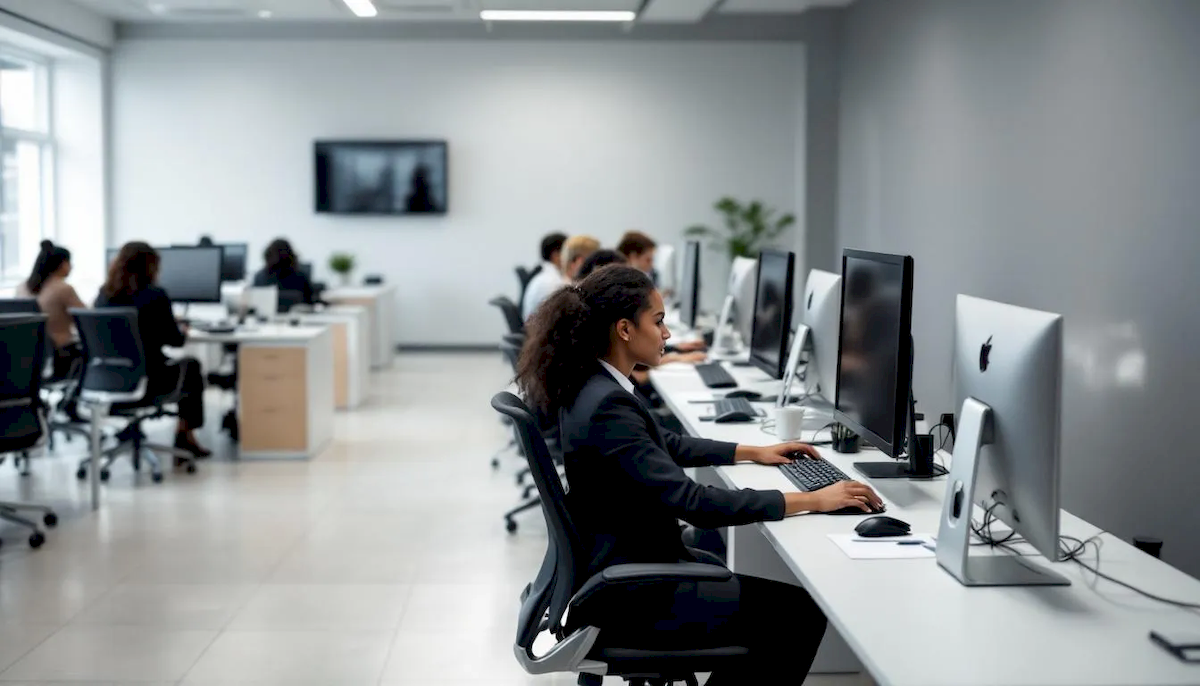 Nowoczesne centrum obsługi klienta w urzędzie z stanowiskami komputerowymi, gdzie pracownicy pomagają w uzyskaniu informacji o działkach ewidencyjnych oraz mapach zasadniczych, a także obsługują wnioski dotyczące warunków zabudowy. W tle widać nowoczesne wyposażenie biurowe oraz informacje o geodezyjnych i kartograficznych zasobach.