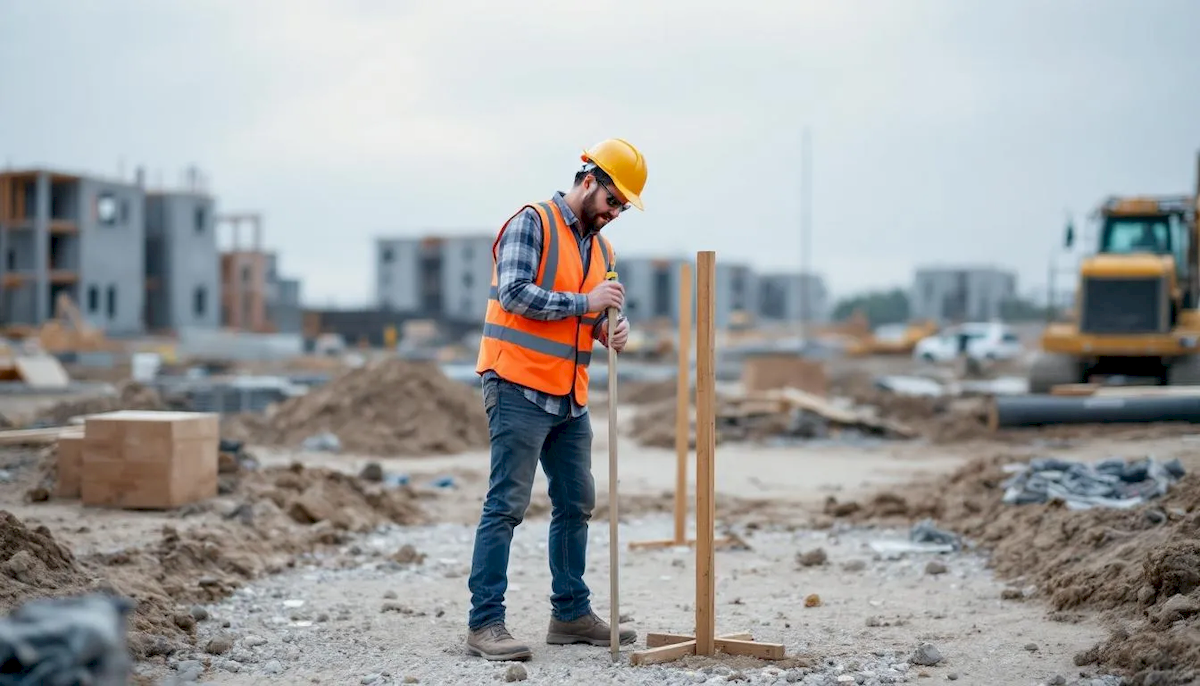 Na zdjęciu widoczny jest geodeta wykonujący pomiary na działce budowlanej, co jest kluczowym krokiem w procesie budowy domu. Pomiary te są niezbędne do uzyskania dokładnych danych, które pomogą w dalszych etapach budowy oraz przy analizie planu zagospodarowania przestrzennego.