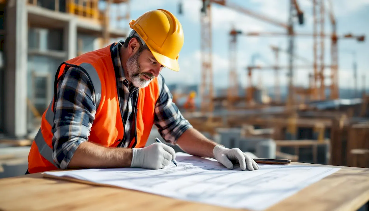 Na placu budowy kierownik sprawdza plany architektoniczne, co jest kluczowym etapem przed rozpoczęciem budowy domu. W tle widoczne są materiały budowlane oraz przygotowane miejsce do realizacji projektu budowlanego.