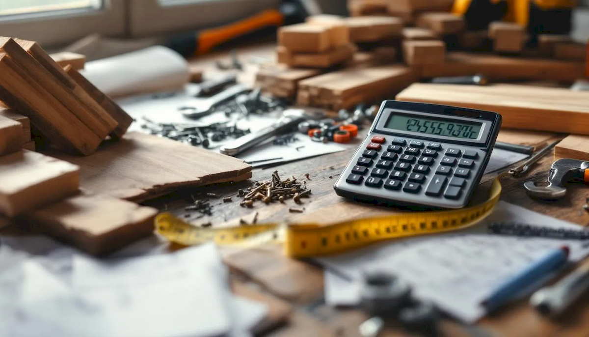Na biurku znajduje się kalkulator oraz różnorodne materiały budowlane, które mogą być używane do izolacji fundamentów, w tym do hydroizolacji poziomej. Obok leżą notatki dotyczące ocieplenia fundamentów oraz zabezpieczenia przed wilgocią, co jest kluczowe dla trwałości całej konstrukcji.