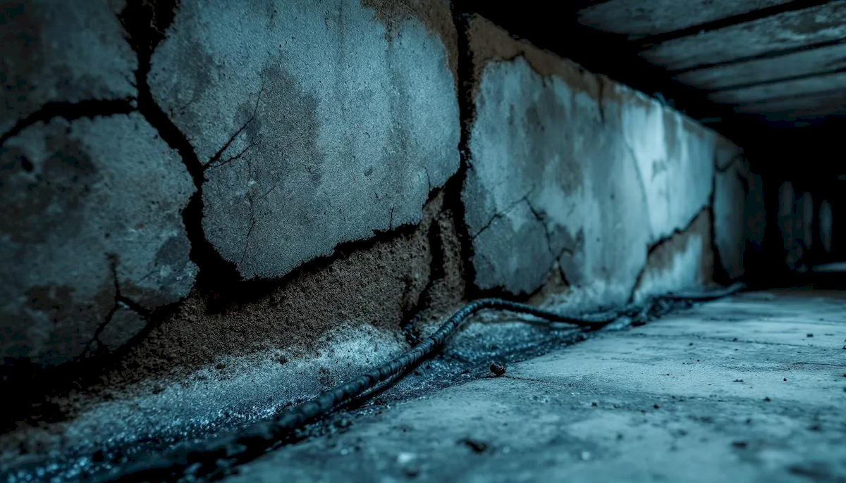 Na zdjęciu widoczna jest uszkodzona izolacja fundamentu z widocznymi pęknięciami, co może prowadzić do problemów z wilgocią i degradacją materiałów. Stan ten wymaga natychmiastowej interwencji, aby zapewnić skuteczną ochronę fundamentów przed działaniem wód gruntowych i opadowych.