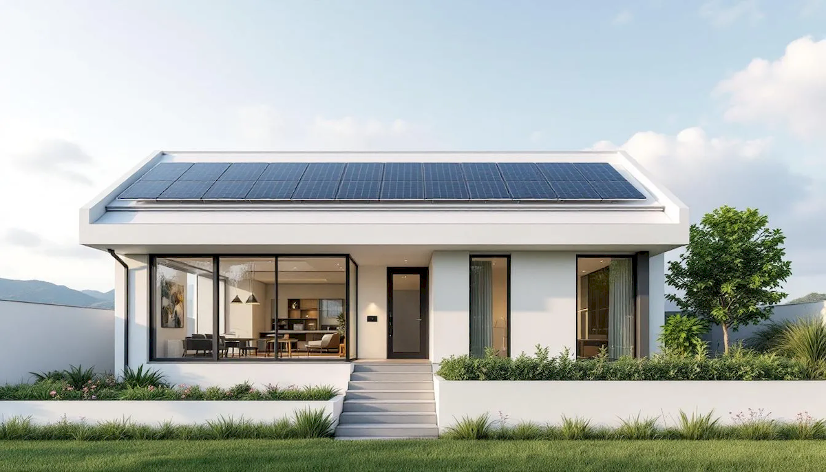 Nowoczesny projekt domu jednorodzinnego z dużymi oknami i eleganckimi liniami architektury, otoczony przestrzenią, która sprzyja komfortowi życia oraz możliwości posiadania własnego ogrodu. Taki dom zapewnia większą swobodę i prywatność w porównaniu do mieszkania w bloku.