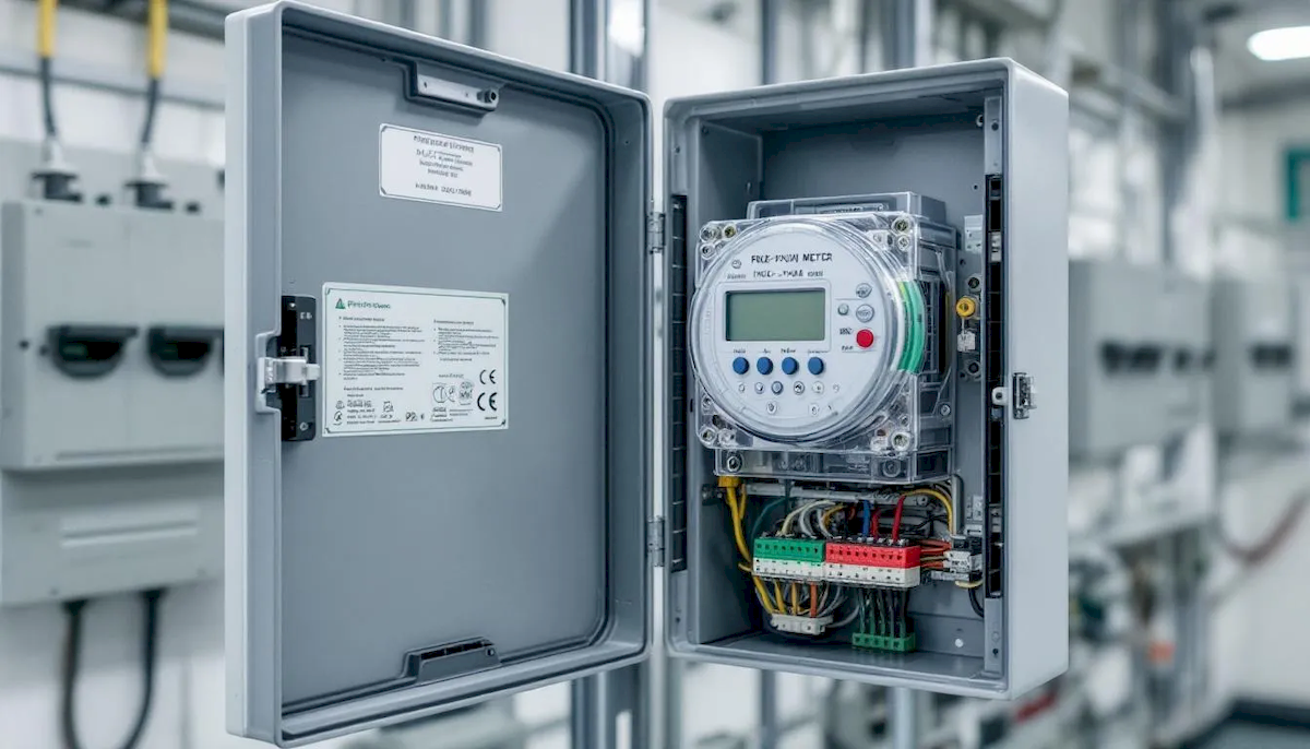 Na zdjęciu znajduje się profesjonalny licznik trójfazowy zamontowany w rozdzielnicy elektrycznej, z widocznymi przewodami fazowymi oraz przewodem neutralnym, co wskazuje na jego poprawne podłączenie w instalacji trójfazowej. Licznik ten służy do pomiaru zużycia energii elektrycznej w systemie elektrycznym.