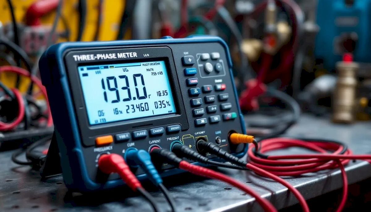 Na zdjęciu widać multimetr używany do sprawdzania działania licznika trójfazowego. Urządzenie mierzy napięcie i prąd w instalacji elektrycznej, co pozwala na ocenę prawidłowego podłączenia licznika energii elektrycznej oraz wykrycie ewentualnych uszkodzeń sprzętu.