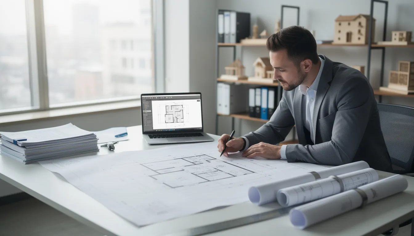 architekt analizujący plany budowlane przy biurku, na którym leży dokumentacja techniczna dotycząca budynków przemysłowych. W tle można dostrzec różne materiały, w tym płyty warstwowe, które są często wykorzystywane w budowie ścian i dachów.