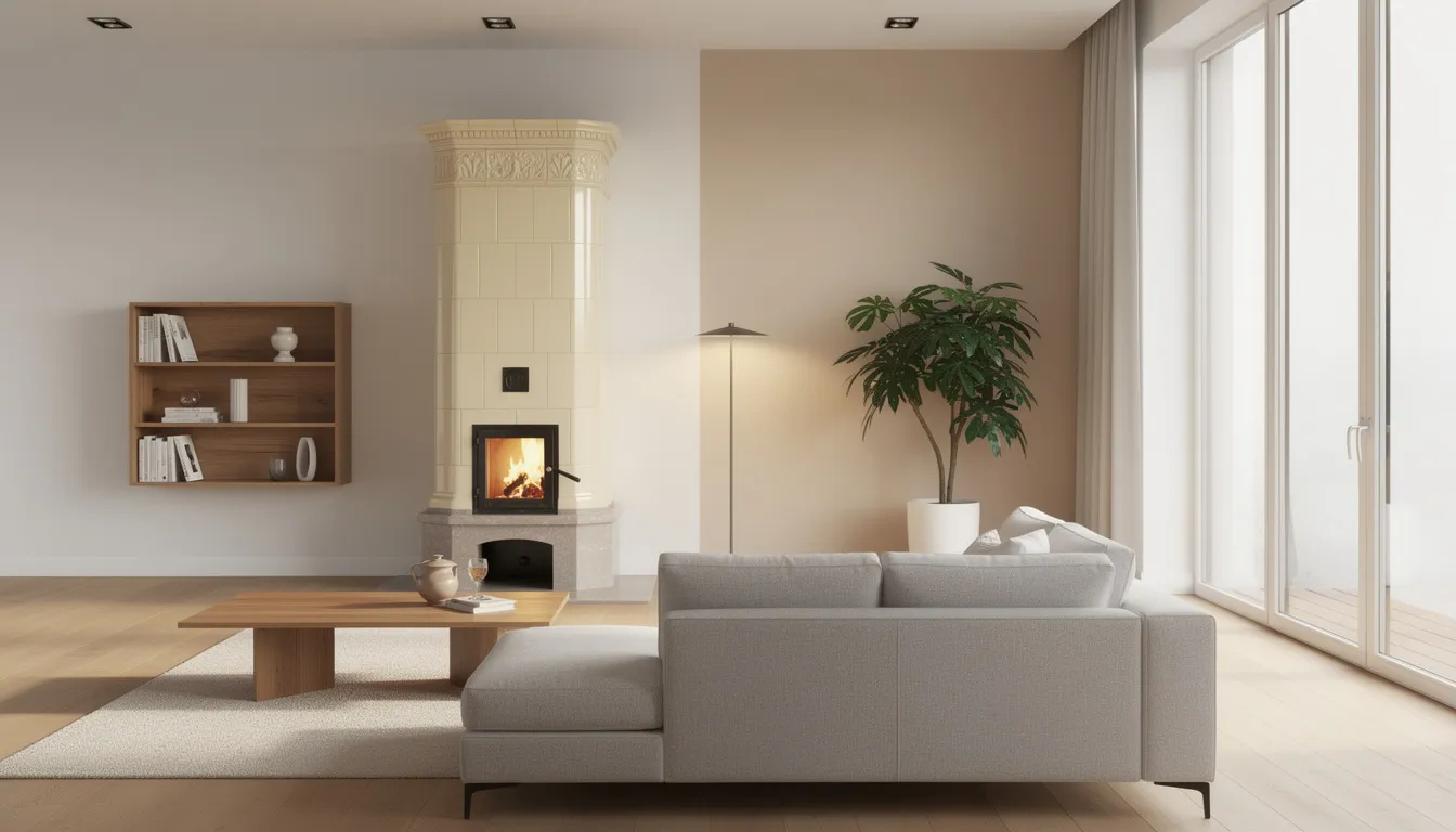 Elegancki salon w nowoczesnym domu jednorodzinnym z kremowym piecem kaflowym, który pełni rolę kominka kaflowego z płaszczem wodnym, tworząc przytulną atmosferę. Wnętrze łączy nowoczesny design z tradycyjnymi elementami, zapewniając wysoką efektywność energetyczną.