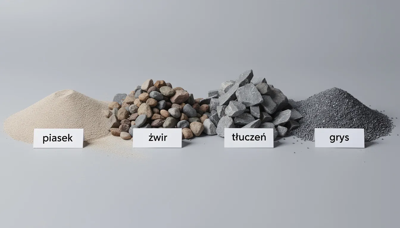 różne frakcje kruszyw naturalnych, takie jak piasek, żwir, tłuczeń i grys, ułożone w oddzielnych kupkach. Te materiały są nieodzownym elementem budowy dróg i mają kluczowe znaczenie w budownictwie drogowym.