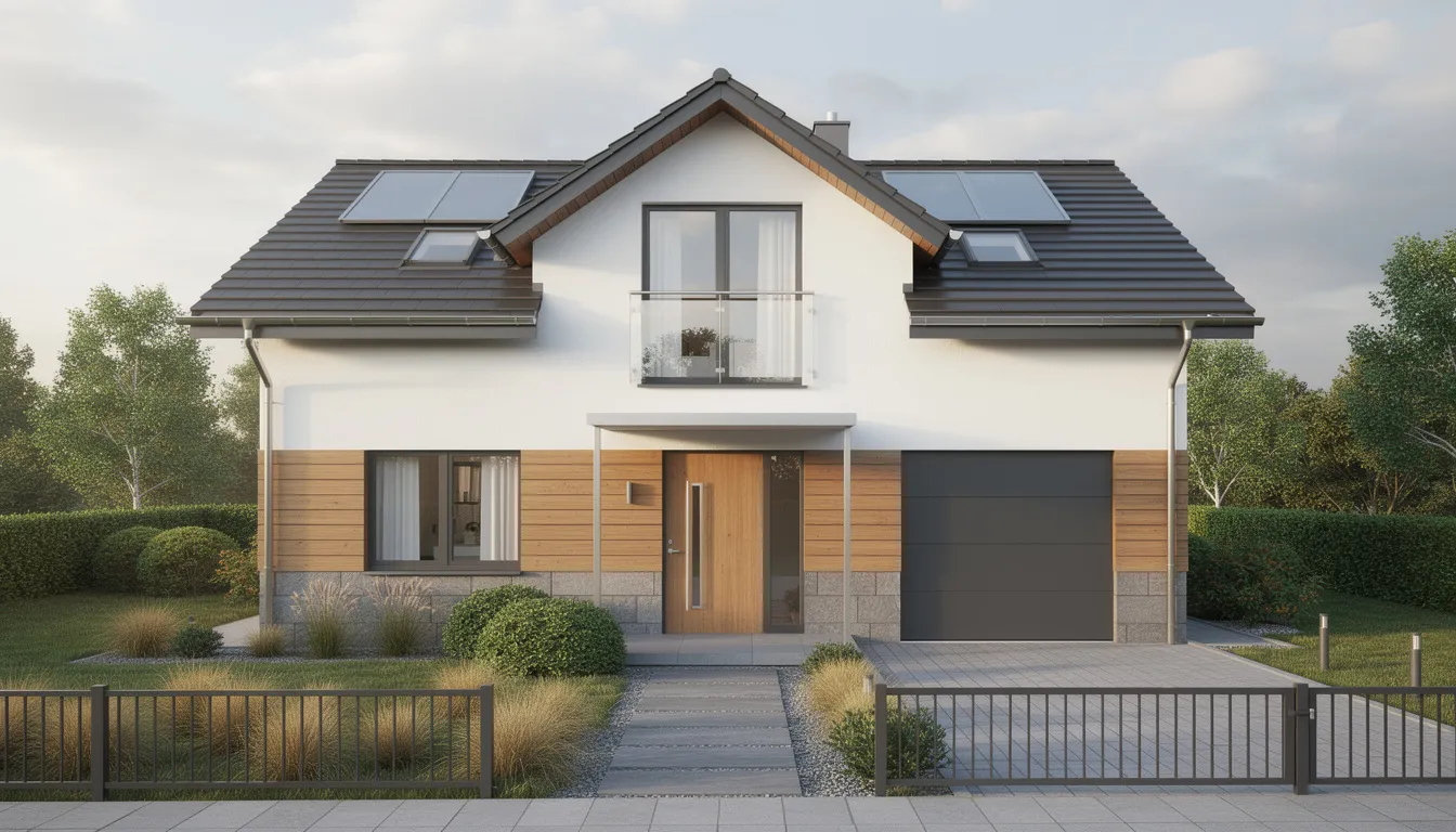 Nowoczesny dom jednorodzinny z poddaszem użytkowym widziany od frontu, z dużymi oknami i minimalistyczną elewacją. Można zauważyć także elementy architektoniczne, które sprzyjają efektywności energetycznej budynku.