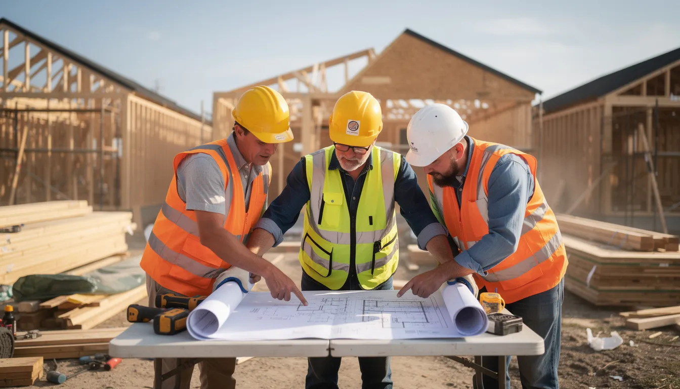 Na placu budowy pracownicy budowlani przeglądają plany architektoniczne dotyczące budynku mieszkalnego, co jest kluczowe dla prawidłowego wykonania instalacji elektrycznych. Doświadczony personel musi również pamiętać o regularnych pomiarach elektrycznych, aby zapewnić bezpieczeństwo w miejscach pracy.