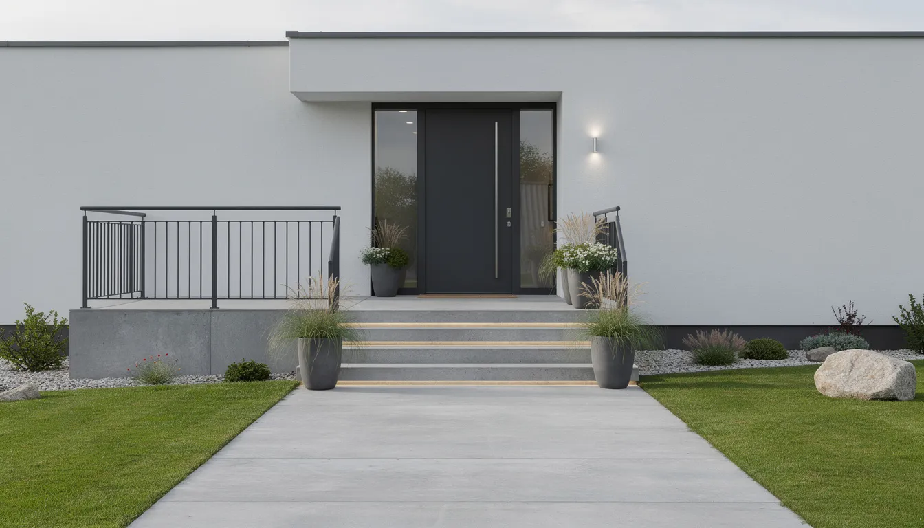 elegancka strefa wejściowa domu jednorodzinnego, kt&oacute;ra wyr&oacute;żnia się betonowymi schodami z antypopoślizgowymi stopniami oraz metalową balustradą, tworząc harmonijną całość z otaczającą aranżacją przestrzeni. Schody wejściowe zapewniają bezpieczeństwo oraz komfort użytkowania, a ich solidne wykonanie gwarantuje trwałość na długie lata.