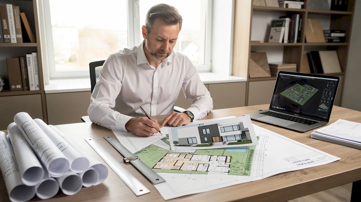Na zdjęciu architekt analizuje rzut gotowego projektu domu oraz mapę działki przy biurku, zwracając uwagę na warunki zabudowy i zapisy miejscowego planu zagospodarowania przestrzennego (mpzp). W tle widoczne są dokumenty związane z projektem zagospodarowania terenu oraz narzędzia do rysowania.