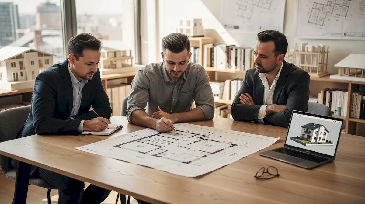 Na zdjęciu architekt i inwestorzy przeglądają rzut domu przy stole, omawiając projekty domów z wejściem od południa. W tle widoczne są plany dotyczące rozmieszczenia pomieszczeń oraz optymalnego wykorzystania naturalnego światła.