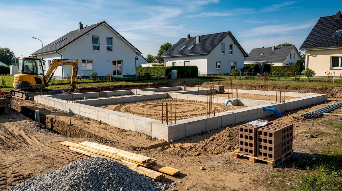 Na zdjęciu widać plac budowy domu jednorodzinnego, na którym przygotowano fundamenty. W tle znajdują się narzędzia budowlane oraz materiały, które są niezbędne do rozpoczęcia budowy zgodnie z miejscowym planem zagospodarowania przestrzennego.