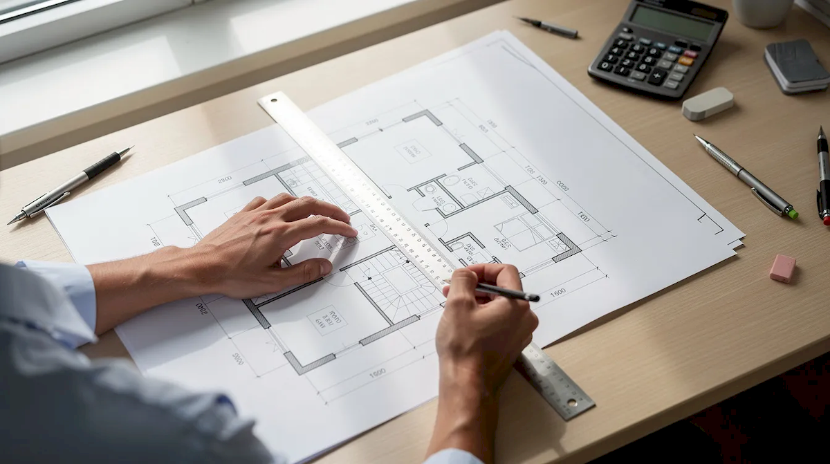 Na zdjęciu widoczna jest osoba, która przy biurku mierzy plan domu linijką, analizując rysunki techniczne i wymiary budynku. W tle można dostrzec dokumentację techniczną oraz schematy instalacyjne, co sugeruje, że osoba ta wstępnie rozplanowuje aranżację wnętrz zgodnie z indywidualnymi potrzebami inwestora.