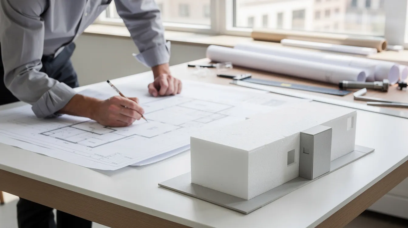 Na zdjęciu widzimy osobę przeglądającą plany architektoniczne nowoczesnego domu typu kostka, siedzącą przy biurku obok makiety prostopadłościennego budynku. W tle można dostrzec szczegóły dotyczące rozkładu pomieszczeń oraz elementy takie jak płaski dach i ściany działowe.