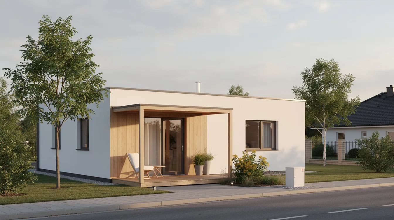 Na zdjęciu widoczny jest mały dom o powierzchni 70&ndash;100 m&sup2;, zaprojektowany w stylu tradycyjnym, z dużymi przeszkleniami i dachem dwuspadowym, otoczony zielenią. Idealny dla rodzin, kt&oacute;re poszukują funkcjonalnych rozwiązań na niewielkiej działce.
