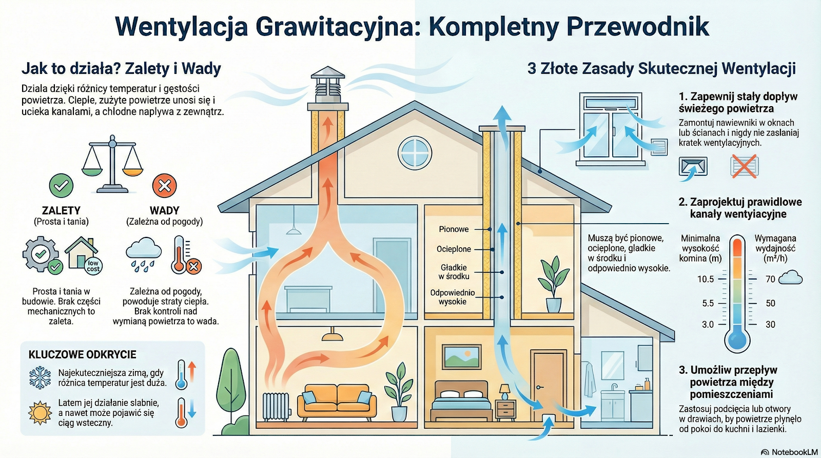 schemat działania wentylacji grawitacyjnej Ifografika przedstawiająca Jak działa wentylacja grawitacyjna