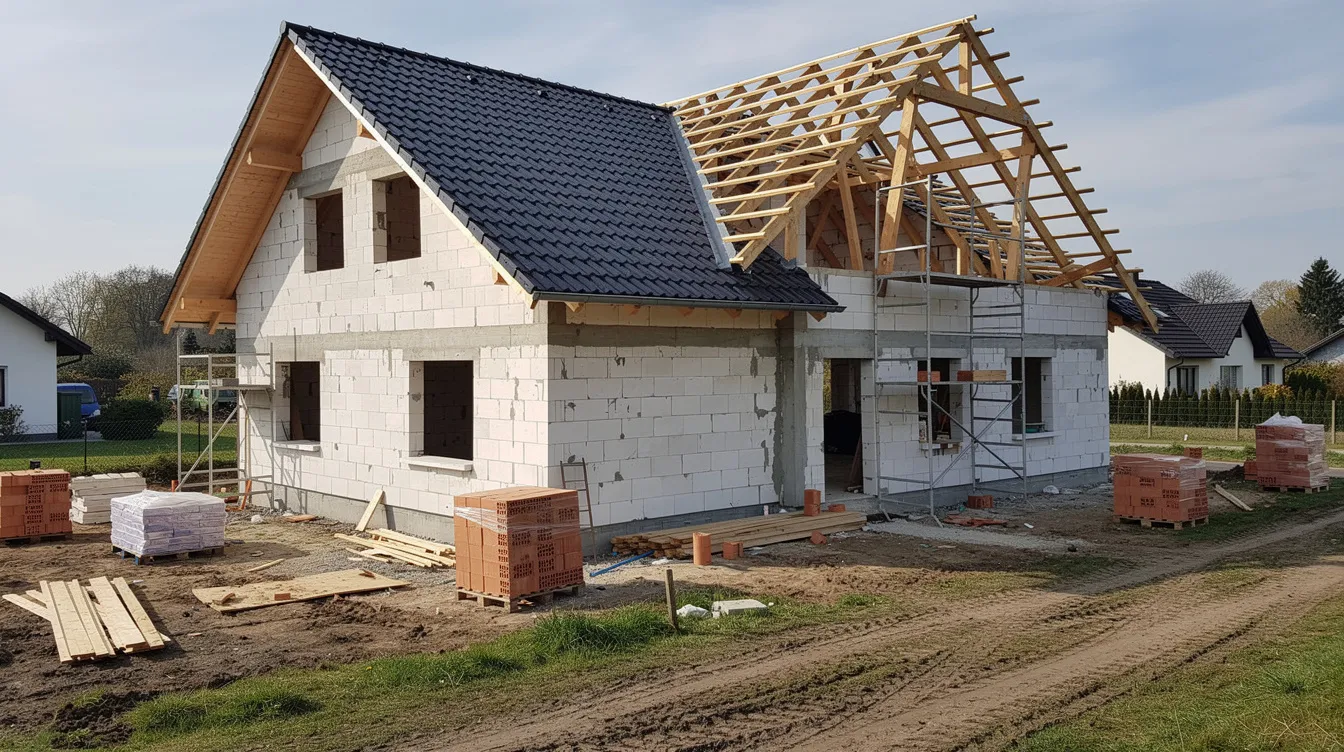 Na zdjęciu widoczny jest dom jednorodzinny w trakcie budowy, z surowymi ścianami i częściowo pokrytym dachem. Obraz odzwierciedla aktualizację kosztorysu budowy oraz etapy budowy domu, które są kluczowe w procesie realizacji inwestycji.