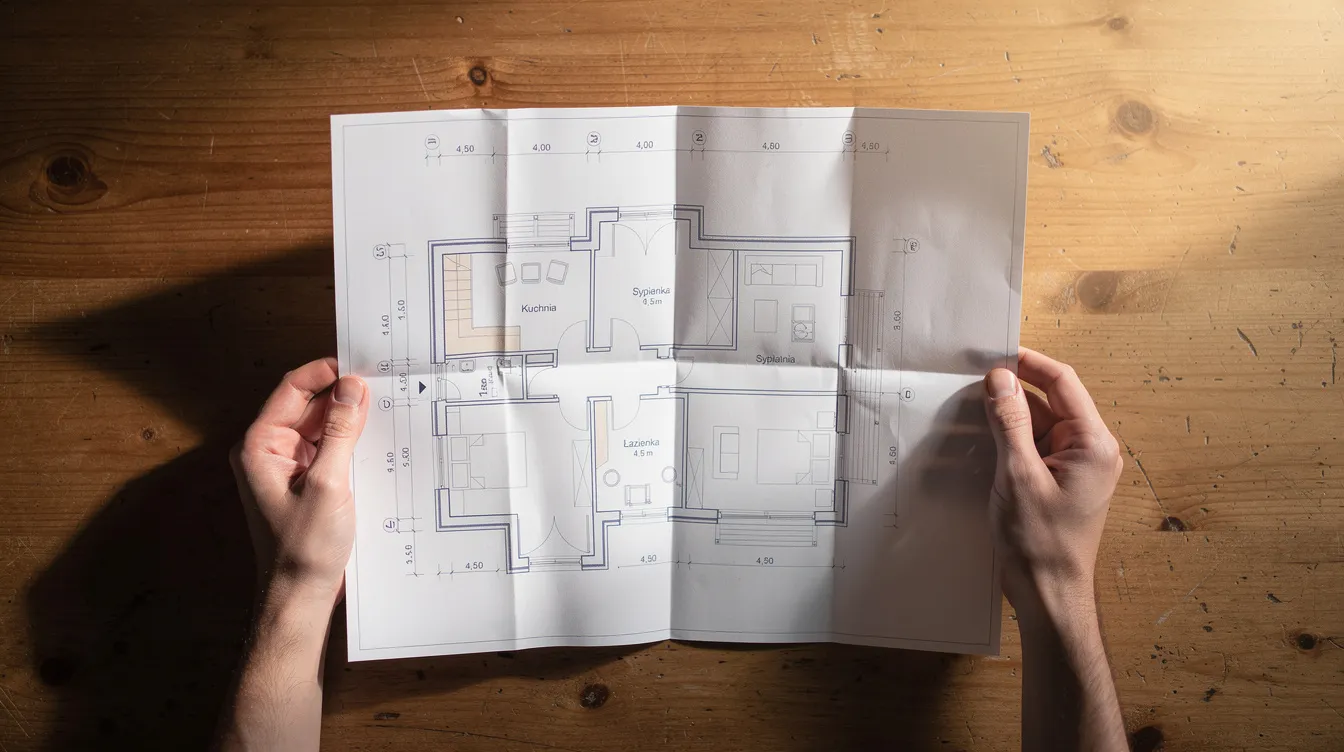 Zbliżenie na dłonie trzymające rozłożony plan architektoniczny nowoczesnego domu z płaskim dachem, leżący na drewnianym stole. Plan przedstawia funkcjonalne rozwiązania, przestronną strefę dzienną oraz aranżację wnętrz, które mogą spełnić oczekiwania inwestorów