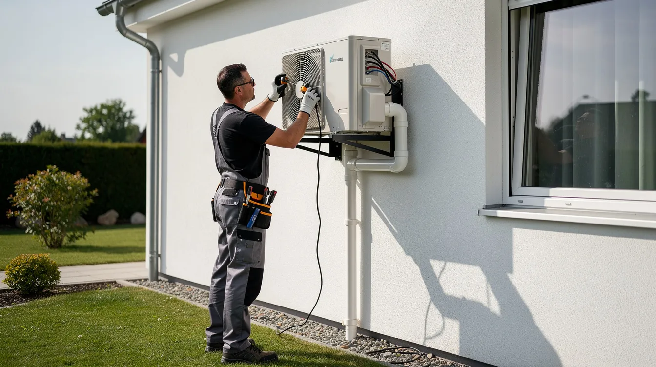 Instalator montujący jednostkę pompy ciepła przy domu jednorodzinnym.