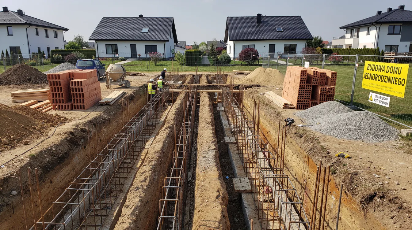 Roboty fundamentowe i zbrojenie na placu budowy domu jednorodzinnego